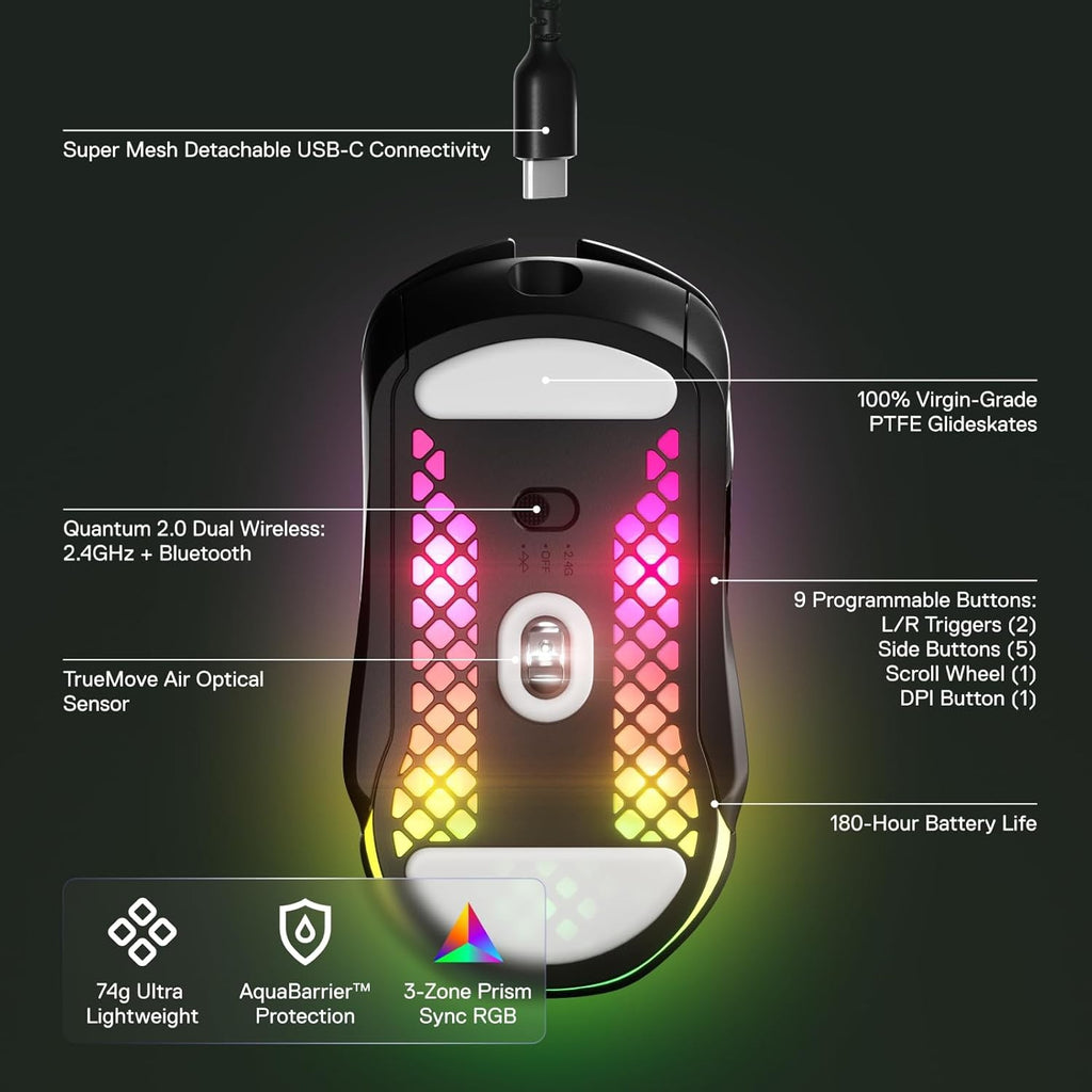 SteelSeries Aerox 5 Wireless - Holey RGB Gaming Mouse Black