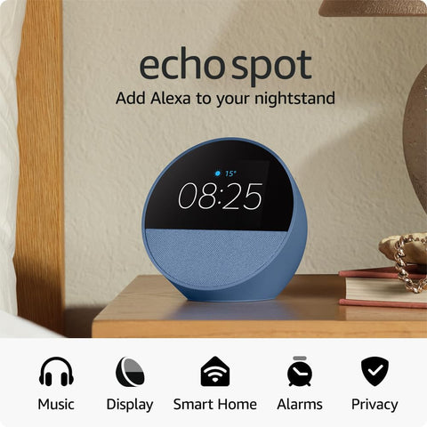 Amazon Echo Spot (2024), Smart alarm clock with vibrant sound + Alexa, Blue