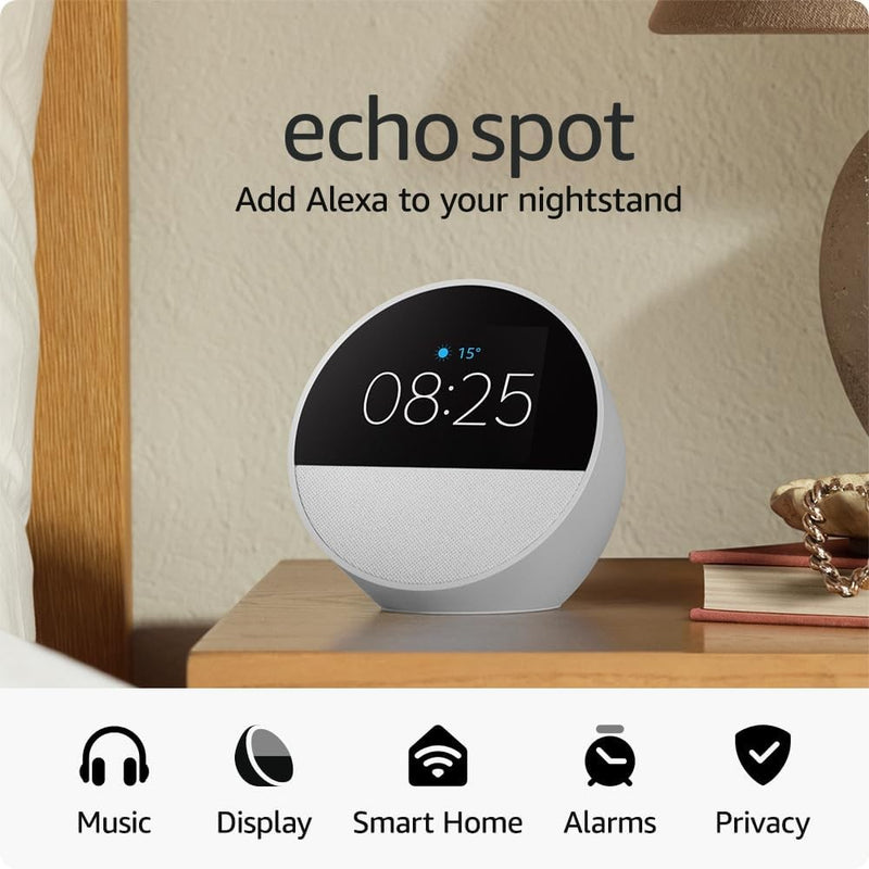 Amazon Echo Spot (2024), Smart alarm clock with vibrant sound + Alexa, White
