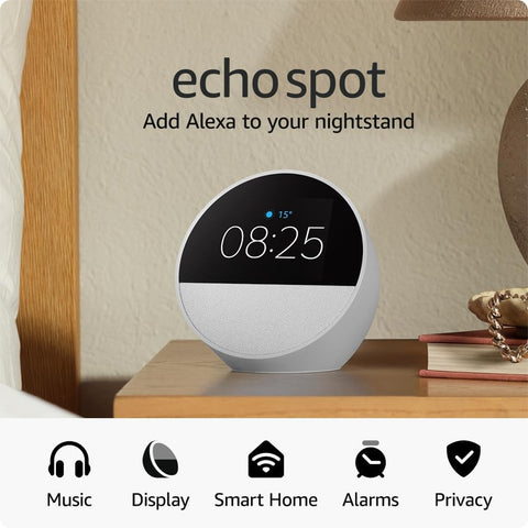 Amazon Echo Spot (2024), Smart alarm clock with vibrant sound + Alexa, White