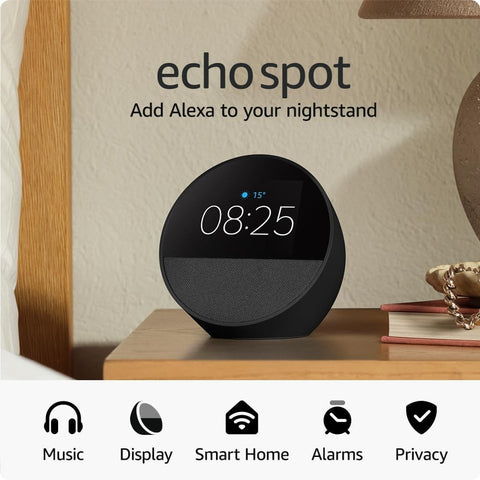 Amazon Echo Spot (2024), Smart alarm clock with vibrant sound + Alexa, Black