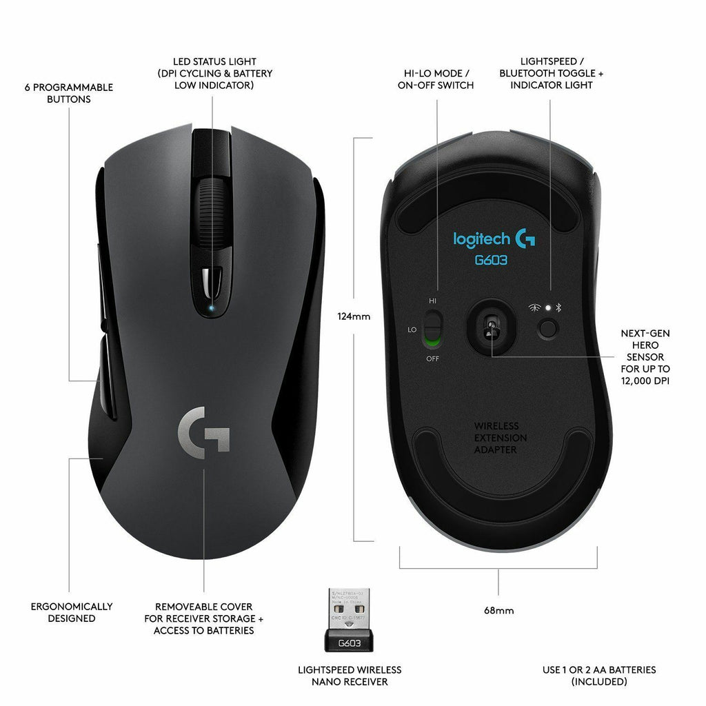 Logitech G603 Lightspeed Wireless Gaming Mouse HERO optical sensor 12.000 DPI
